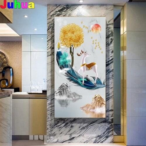 Golden tree landscape 5d Diy diamond painting stitch modern mosaic 5d abstract feather deer diamond embroidery nordic decor