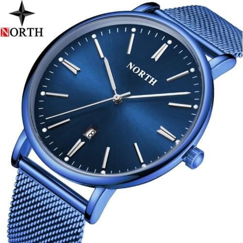NORTH Luxury Brand Men Watches Fashion Stainless Steel Analog Quartz Watch Men Date Sport Waterproof Blue Wrist Watch Male Clock