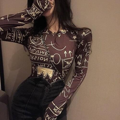 Womens Round Neck Upper Clothes Long Sleeves T-shirt Spring and Autumn New Fashion All-Match Sexy Unique Trend
