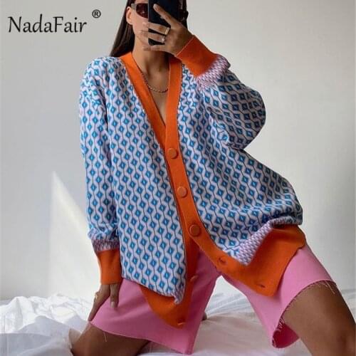 Nadafair 2021 Autumn Winter Overised Cardigans Women Pattern Fashion Knitted Sweaters Button Casual Plus Size Cardigan Outwear