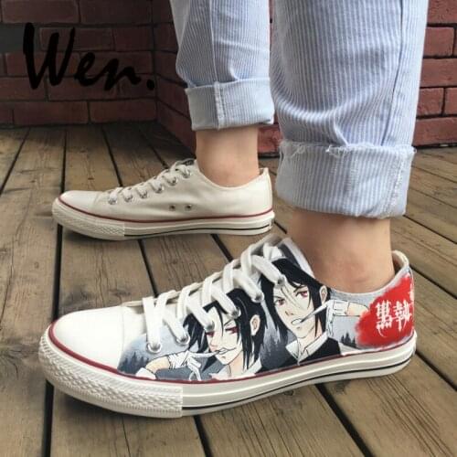 Wen Anime Shoes Men Graffiti Shoes Custom Design Black Butler Sebastian Hand Painted Canvas Sneakers Women Low Top Plimsolls