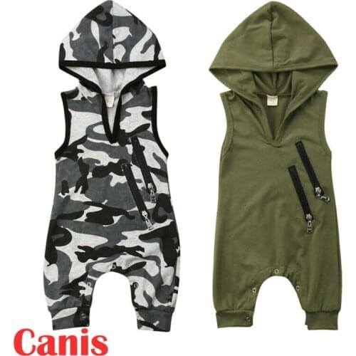0-24M Newborn Toddler Baby Boy Romper Summer Camo Hooded Sleeveless Romper Jumpsuit Summer Outfit Clothes For Baby Boy