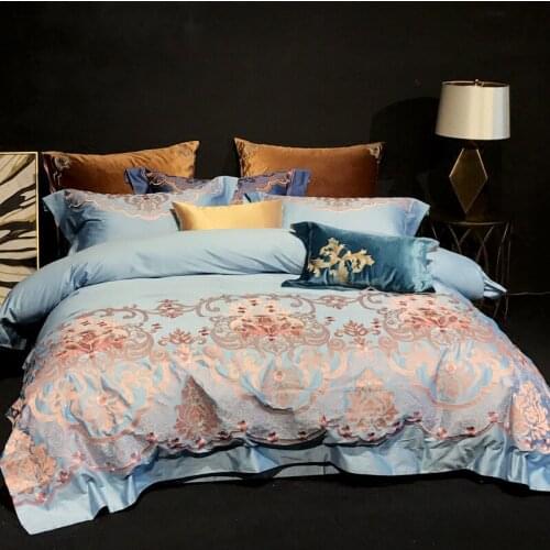 120S Egyptian Cotton Luxury Embroidery Royal Bedding Set 4/6pcs King Queen blue Wedding Bed Sheet set Duvet cover Pillowcase red