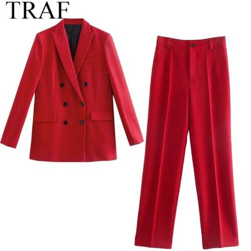 TRAF ZA Trouser Suits Autumn Classic Simple Solid Double Breasted Jacket Woman Clothes High Waist Trousers Two Piece Set Women