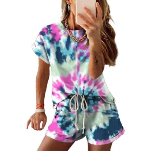 Women Top Shorts Suit Tie Dye Print Elastic Waist Shorts Two Piece Set Women Casual Short Sleeve Tracksuits Outfits Matching Set