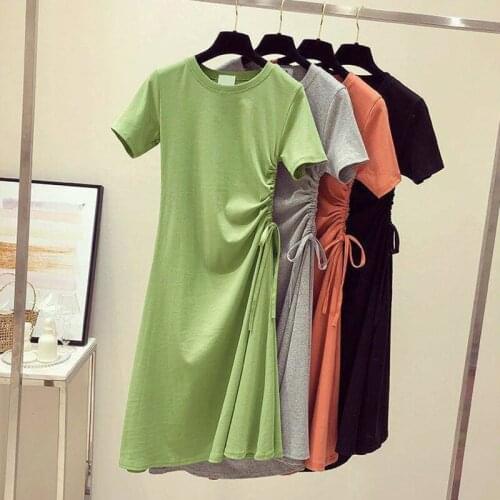 Summer Womens Solid Short Drawstring Elegant Slim Scoop Neck A-line Bodycon Stretch Pure Cotton Mini Dresses