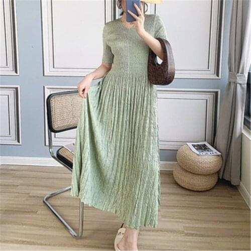 Miyake pleated womens dress womens short-sleeved mid-length 21 new three-fold pleated temperament fashion pleated dress women