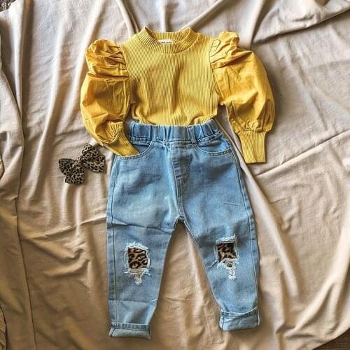 1-6Y Fashion Girls Clothing Sets Autumn Children Soild Puff Sleeve Knitted T-shirts Tops+Ripped Hole Long Pants Jeans Outfits