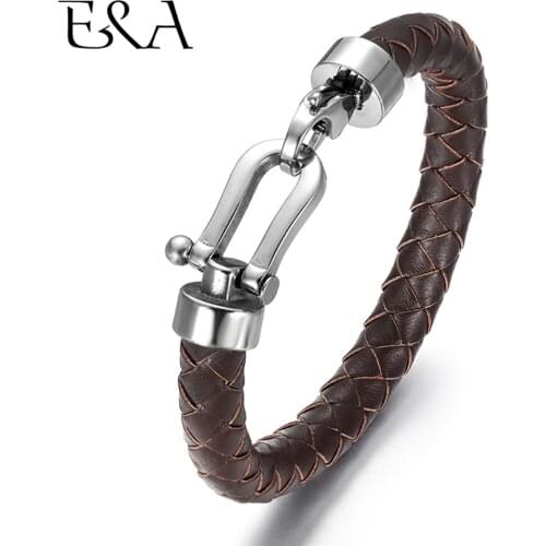 Mens Classic Bracelet Braided Genuine Leather with 316L Stainless Steel Horseshoe Lobster Clasp Handmade Fashion Men Jewelry
