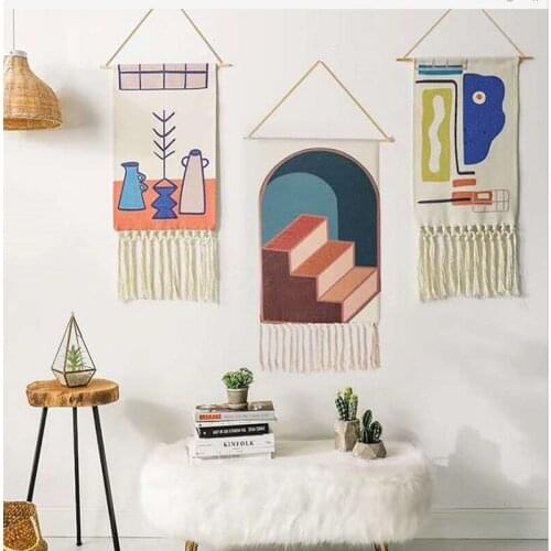 Wall Tapestry Hand-Woven Macrame Cotton Linen Tassel Nordic Tapestry Paintings, Boho Decor Background for Living Room Bedroom