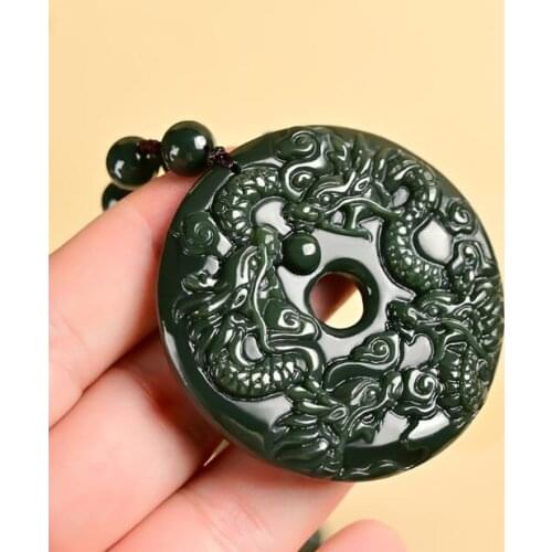 Natural A hetian jade double hand carved mascot of dragon lucky black green jade pendant jadeite jade necklace men jewelry