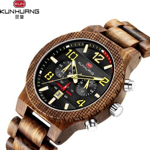 2020 New Wood Men Watches Large Dial Multi-functional Quartz Watch Calendar Hot Selling Sports Multiple Time Zone Mens Watches
