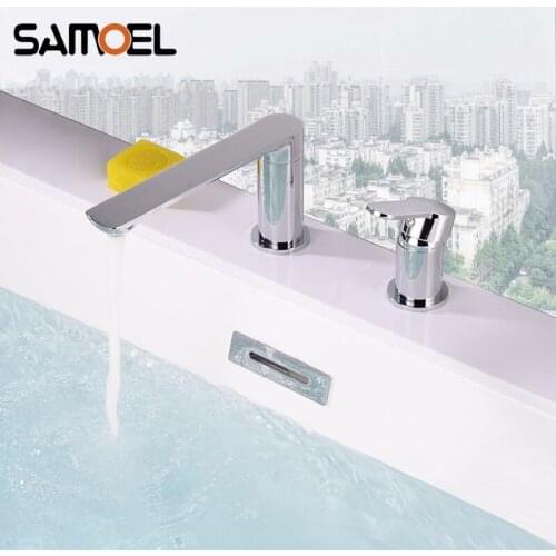 New Arrival Brass Deck-mounted Dual-hole Bathroom Sink Faucet Gold Bathtub Mixer Tap with Long Water Outlet 1240C