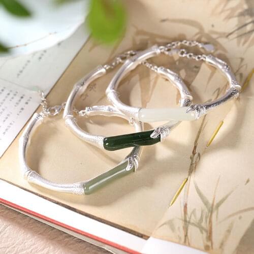 New inlaid natural Hetian Chalcedony bamboo bracelet Chinese style classic niche design adjustable womens brand jewelry