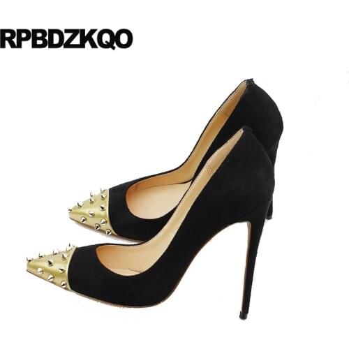 Shoes rivet big size crossdresser stud high heels 12cm 5 inch ladies exotic dancer 12 44 13 45 thin pointed toe navy blue pumps