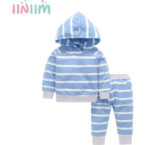 Infant Baby Boys Girl Clothes Cotton Striped Long Sleeve Hooded Sweatshirt Pants 2pcs Sport Outfit Newborn Baby Tracksuit Sets