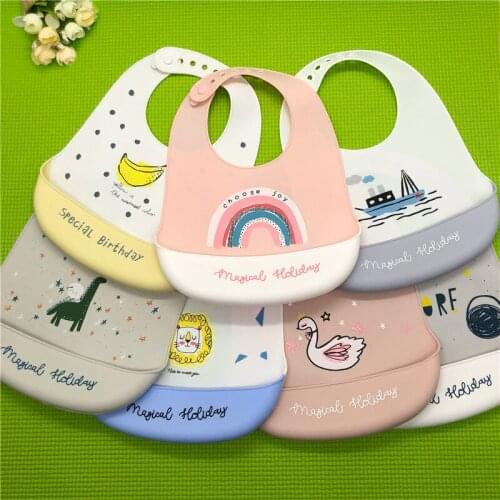 Adjustable 4 Holes Waterproof Baby Bib Food Grade Silicone Blue Bib Newborn Cartoon Baby Stuff Feeding Food Baby Accessories
