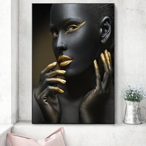 Sexy Make-up Black Girl Modern Wall Posters And Prints Sexy Golden Lips Decorative Canvas Wall Art Home Decor Cuadros Pictures