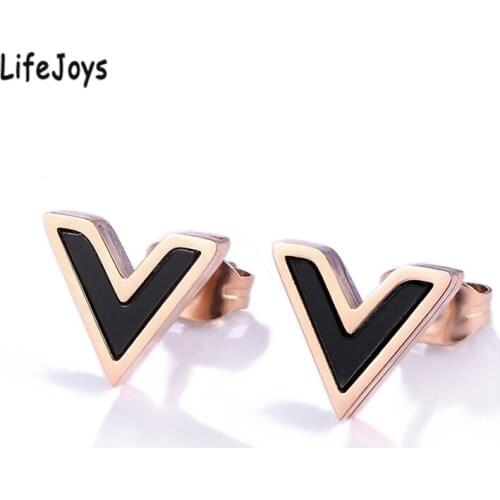 Letter V Stud Earrings Brand Jewelry Stainless Steel V Shape Earrings Rose Gold Black Color For Woman Quality Initial Gift