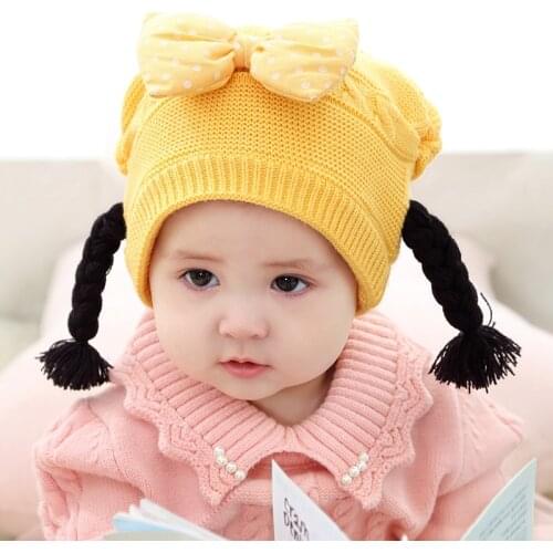 Cute Baby Wig Hats Bow-knot Childrens Knitted Braids Hat For 3 to 18 Months Baby Girls Infant Caps Winter Autumn Head Supplies