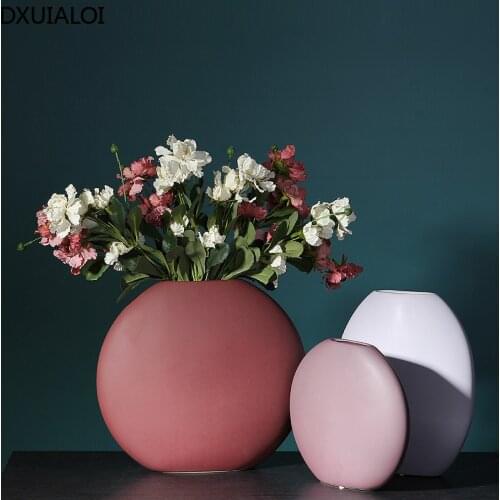 Nordic Creative Ceramic Crafts Flat Round Vase Ornaments flower vase home decoration Modern minimalist style stone vase