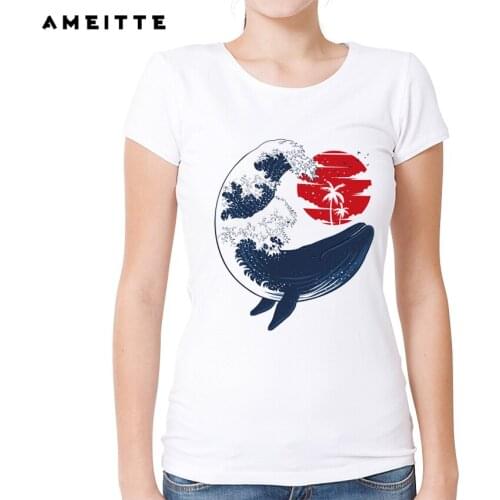 AMEITTE Funny Creative Whale wave design T Shirt Fashion Harajuku Animals Tees For Women White Print Geek Style Tops Female