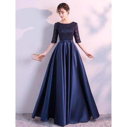 Navy Blue Homecoming Dress Half Sleeve Formal Dress O-neck Elegant Robe De Soriee Floor-length A-line Satin Party Prom Gowns
