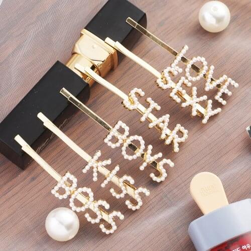 Haimeikang Letter Hairpins Metal Minimalist Hair Accessories Gold Color Hair Clip Imitiation Pearl Hairpin Barrettes Hairgrip