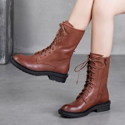 Genuine Leather Womens Boots Lace-Up Motorcycle Boots 2021 Autumn Winter New Cowhide Mid-tube Boots Woman Side Zipper Platform