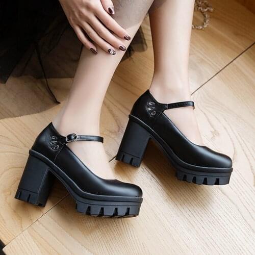 YMECHIC 2019 Office Career Mary Jane Pumps Women Shoes Black Chunky High Heels Platform Buckle Embroidery Hollow Punk Shoes 43
