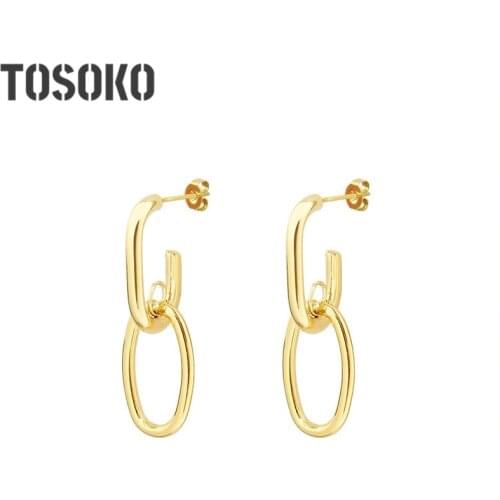 TOSOKO Stainless Steel Jewelry Simple Geometry Oval Chain Earrings Womens Retro Autumn And Winter Drop Earrings BSF343