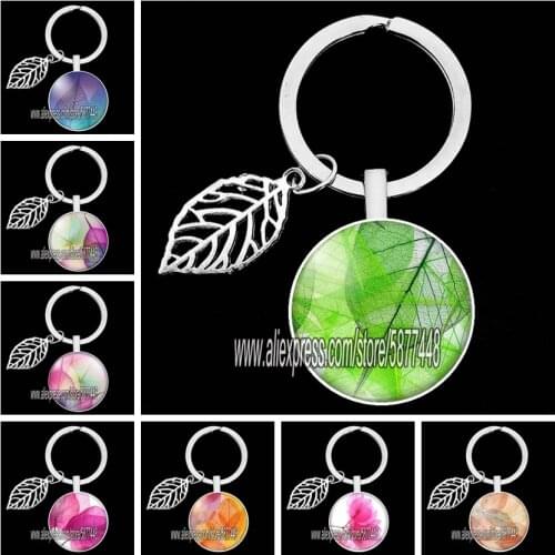 Beautiful Leaves Keychain Transparent Green and Red Leaf Women Glass Key Ring Plant Leaf Art Picture Purse Keyring for Women