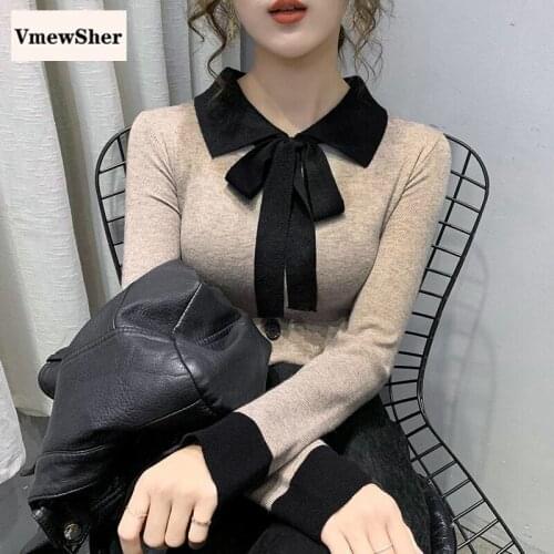VmewSher Polo Collar Knitted Sweater Women Autumn 2020 Color Block Bow Neck Casual Slim Pullover Soft Solid Bottoming Jumper Top