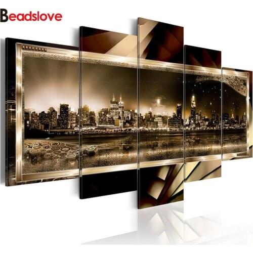 5 Panel,3d Diamond embroidery cross stitch city building landscape diy 5d diamond painting Accessories Mosaic Decoration Home