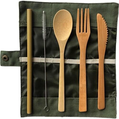 5 Pcs/Set Portable Wood Tableware Kits Environmental Kids Camping Travel Dinnerware With Cloth Pack Gifts Sets Accessories
