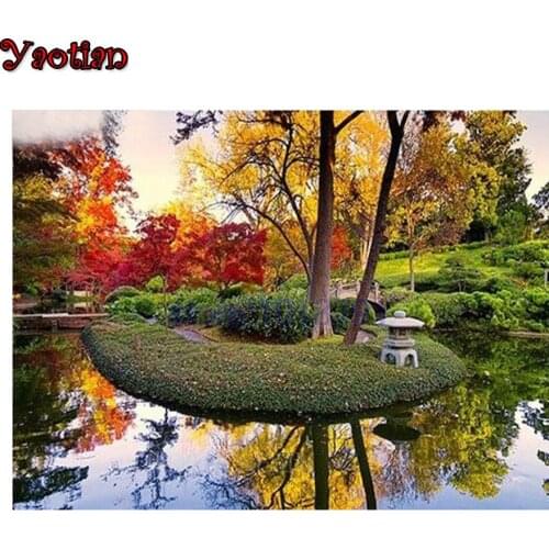 5D DIY Diamond Painting The River Maple Leaves Landscape Full Square Round Mosaic Diamond Embroidery Cross Stitch Needlework Art