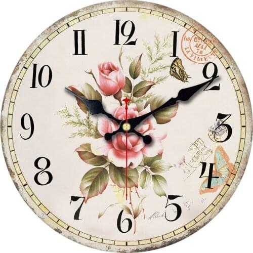 12 Inch Silent Round Wooden Wall Clock Rose Floral No Ticking Creative Watches Clock Orologio Da Parete