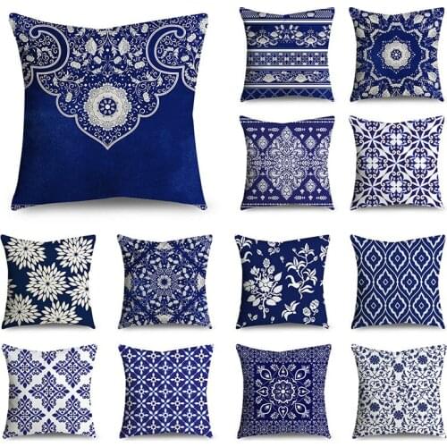 Charm Blue Pattern Decorative Cushion Cover 45x45cm Polyester Flower Pillowcase Car Sofa Bed Home Decorative Pillowcase