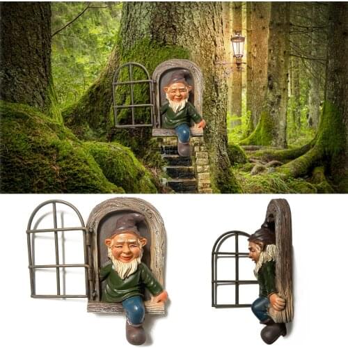 Elf Out The Door Tree Hugger Garden Gnome Sculpture Miniatures Ornaments Easter Decoration Fairy Landscape Craft Statue