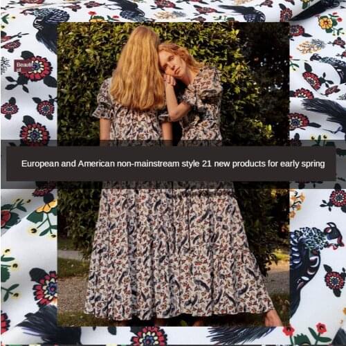 European and American brand phoenix tail pheasant animal flower printed fabric velvet crepe dress skirt fabric 145*50CM