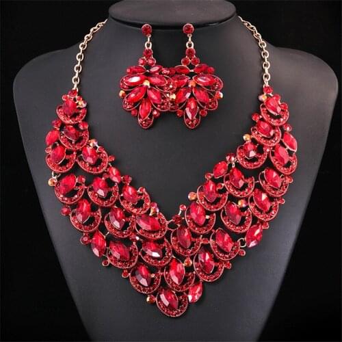 Crystal Rhinestone Gold Color Necklace Earrings Set for Women Wedding Luxury Bridal Jewelry Sets Party Accessories Decoration
