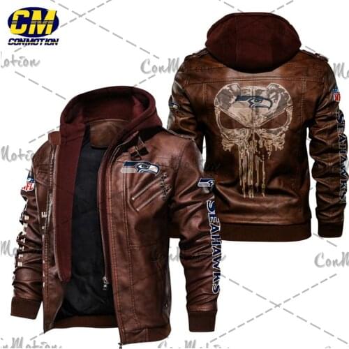 Fun seahawks skull print Mens Motorcycle Leather Jacket Outdoor Hooded Jacket Seattle Casual Streetwear