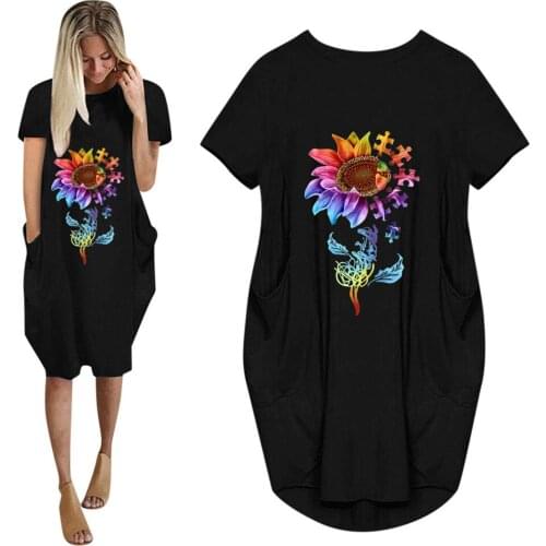 Summer Dress Women Clothing O-Neck Short Sleeve Sunflower Print Dress For Women Casual Loose Pocket Dresses Femme Robes Vestidos