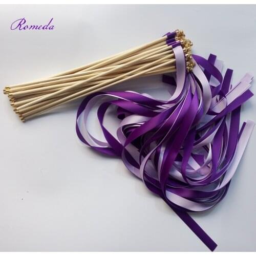 Hot Selling 50pcs/lot Purple and Light Purple wedding ribbon stick with gold bell for wedding decoration