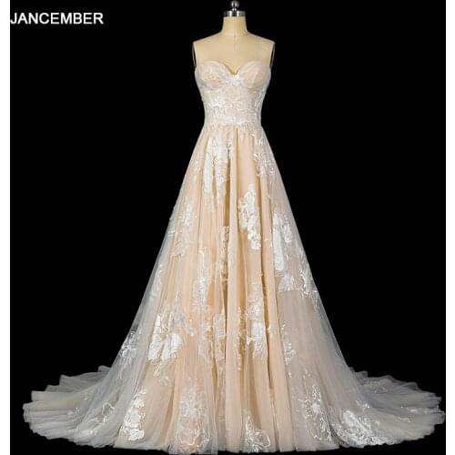 LSDZ50 JANCEMBER Champagne Tube Top Evening Dress Trailing Wedding Dress Printed Pattern Exquisite Lace платье женское вечернее