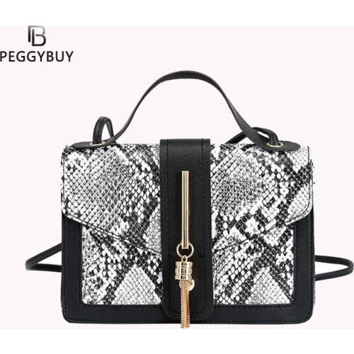 Fashion Women PU Leather Snake Pattern Shoulder Bag Tassel Color Splicing Vintage Handbags Messenger Bag