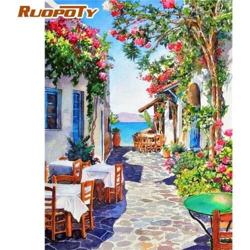 RUOPOTY Paint By Numbers Kits For Adults Colorful Flower Tree And House Scenery Painting Framed Oil Paints Modern Home Wall Art