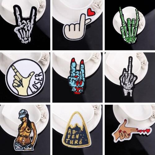 Diy Gesture Patch Punk Patches Iron On Patches For Clothing Skeleton Fingers Embroidery Patch Handmade Badges Stickers For Jeans