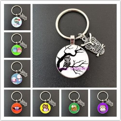 2021 new creative fashion cartoon owl round glass cabochon dome jewelry keychain handmade key ring pendant accessories
