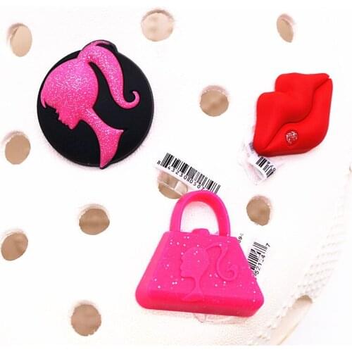 Drop Shipping Novelty Red Lips Shoe Charms Accessories Pink Girl Bag Slippers Buckle Decoration fit Wristband Party Kids Gifts